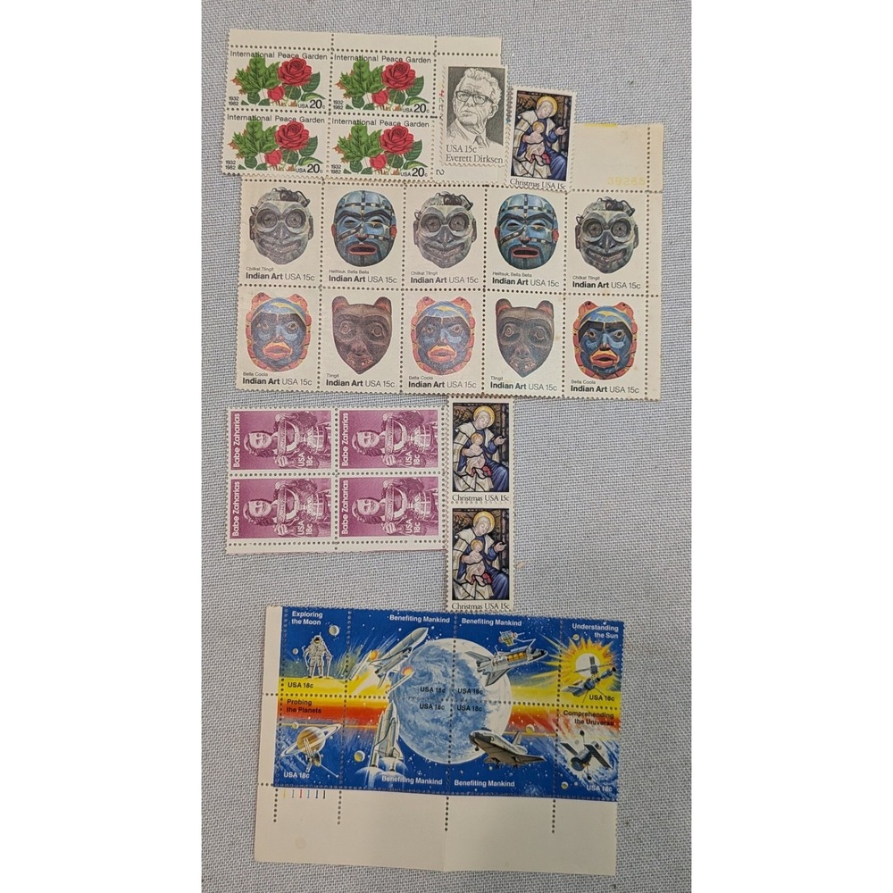 USPS Vintage Postage Stamp Lot Mixed 15c 18c 20c Excellent Space Indian Art Rose
